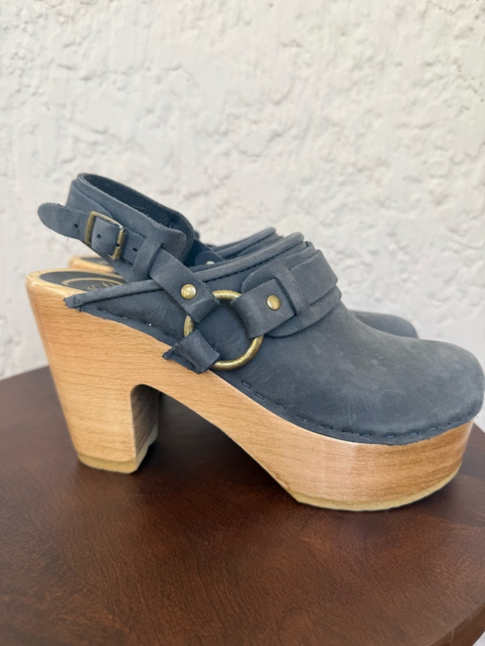 No. 6 Slate Blue Leather Clog Heels with Wooden Platform
